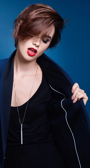 Lily Collins actress simple background red lipstick short hair 2k