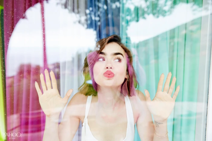 Lily Collins women actress kissing brunette humor one person 2k 4k 5k