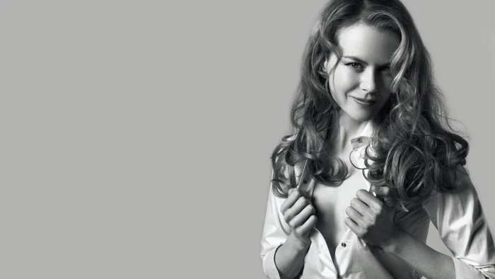 Nicole Kidman women smiling curly hair monochrome portrait