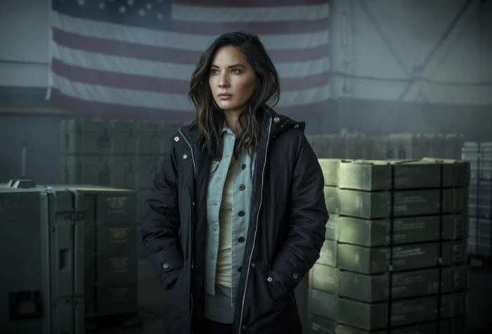 Olivia Munn women actress brunette indoors long hair American flag 2k 4k