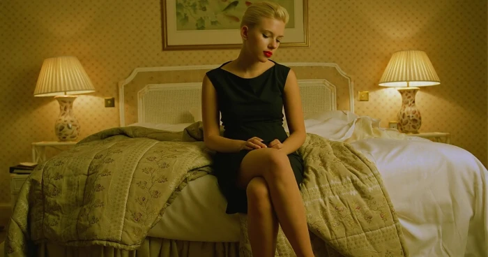 Scarlett Johansson sitting bed legs crossed women makeup 2k