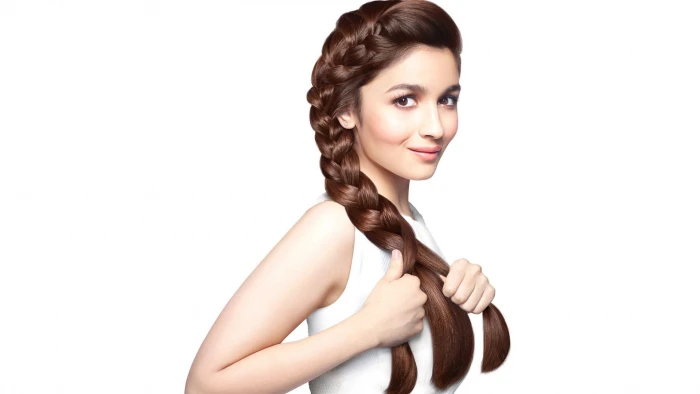 women actress brunette Alia Bhatt portrait face braids