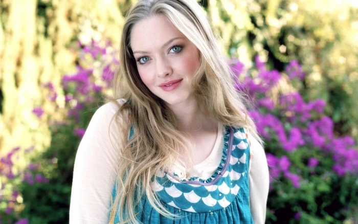 woman in blue and white long sleeved top Amanda Seyfried actress
