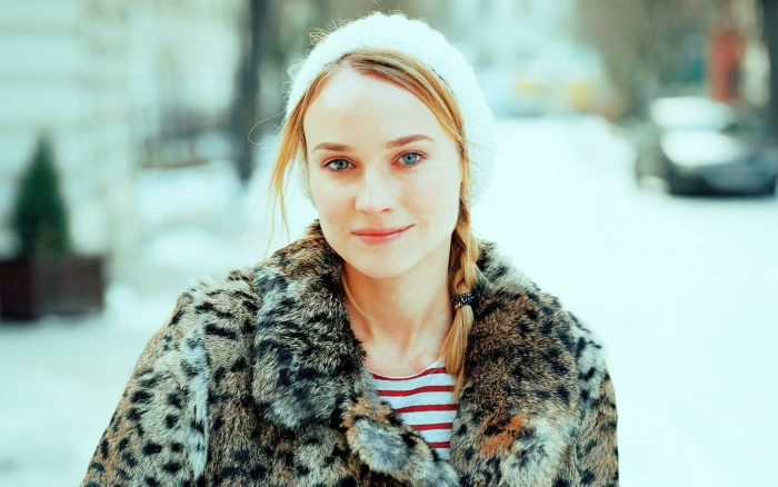 women blonde blue eyes braids Diane Kruger actress fur coats