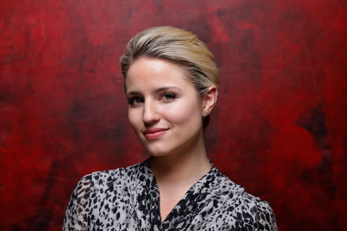 woman with black and gray V neck top dianna agron actress face 2k