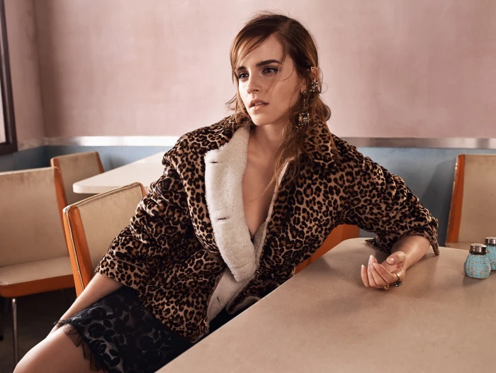 women brunette actress celebrity Emma Watson animal print 2k