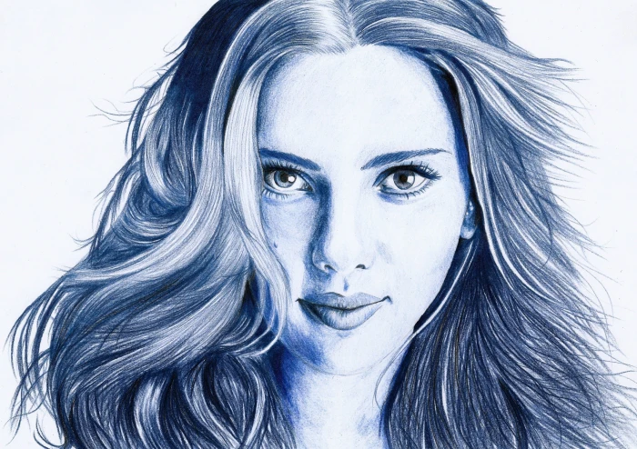 women's black hair Scarlett Johansson artwork actress portrait 2k