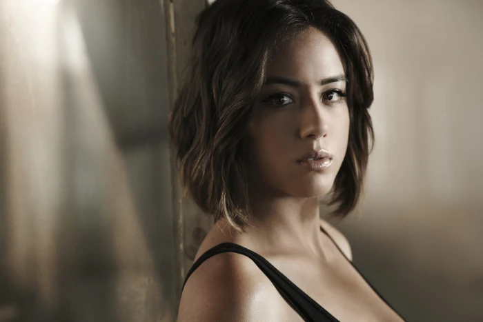 women's black tank top actress brunette Chloe Bennet open mouth 2k