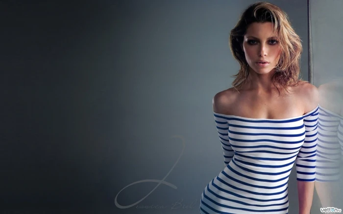 women's white and black striped off shoulder dress Jessica Biel