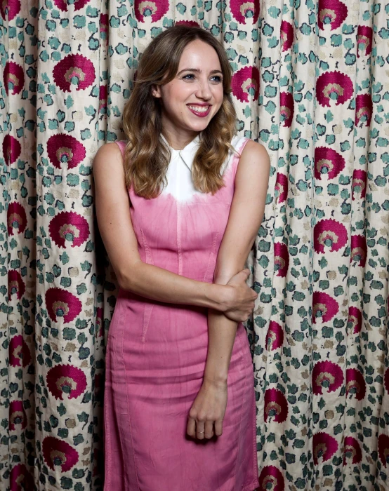 Zoe Kazan actress blonde blue eyes pink lipstick dress 2k