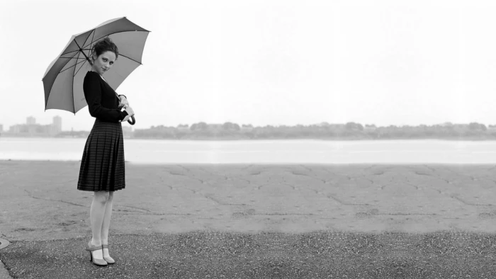 Zooey Deschanel umbrella women monochrome actress