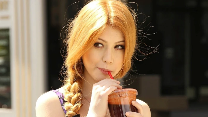women's purple tank top redhead Katherine Mcnamara braids