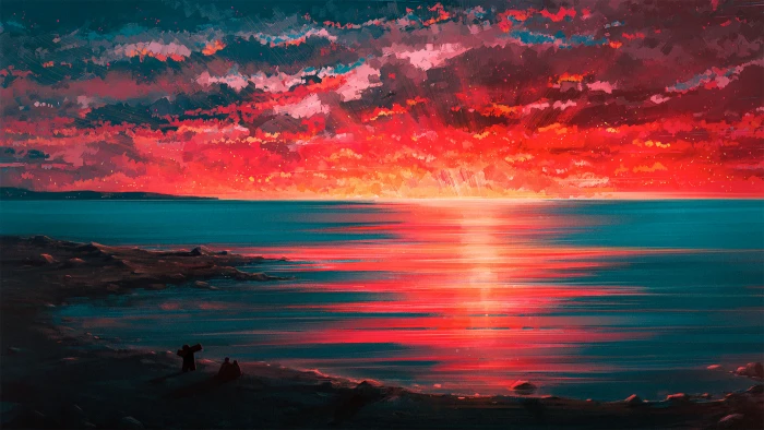 Speed paint Beach Digital art Sunset Horizon Couple 2k 4k