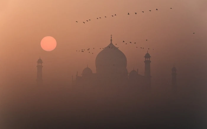 Taj Mahal India nature mist sunset birds flying marble