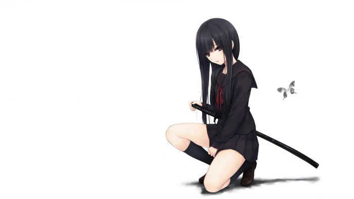 female animated character holding black sword wallpaper school uniform 2k