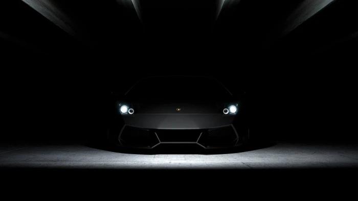 grayscale photo Lamborghini Aventador coupe gray in dark room 2k