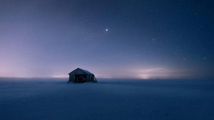 Snow house quiet night the stars beautiful scenery alone 2k