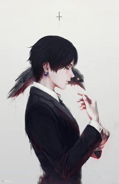 Anime character Chrollo Lucifer Hunter suits raven