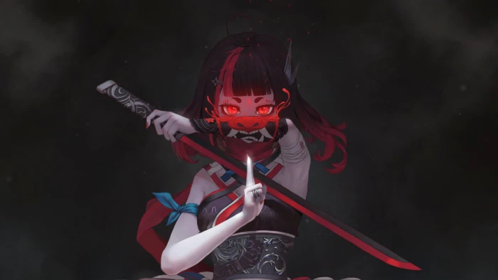 anime girls sword red fan art Devil ninja girl 2k