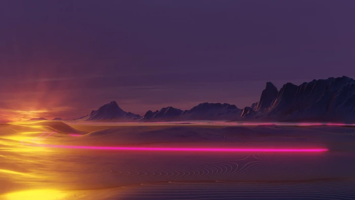 artwork Retrowave vaporwave neon glow sunset mountains 2k