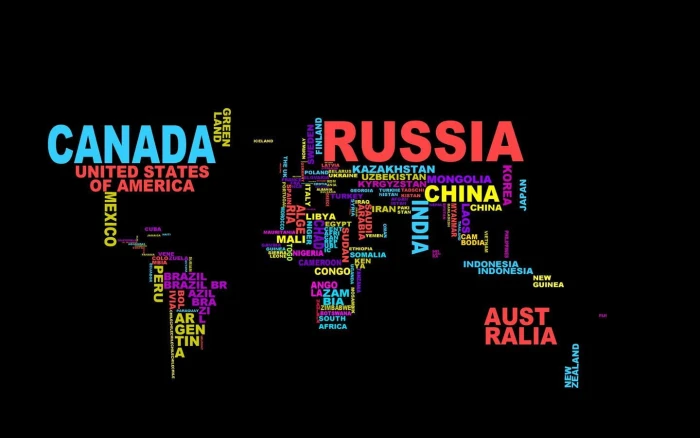 Canada and Russia text map typography colorful world