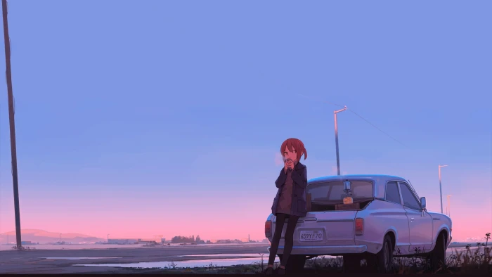 female anime character leaning on silver coupe wallpaper car 2k
