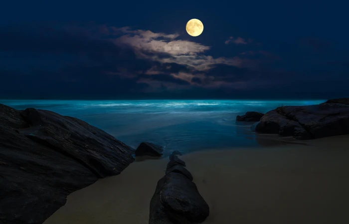 full moon at sea graphic wallpaper beach night rocks the 2k