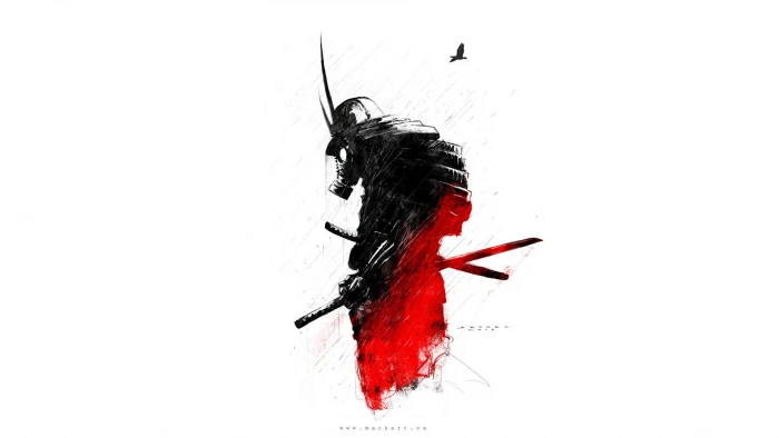 male character with two swords wearing gas mask illustration Samurai digital wallpaper 2k