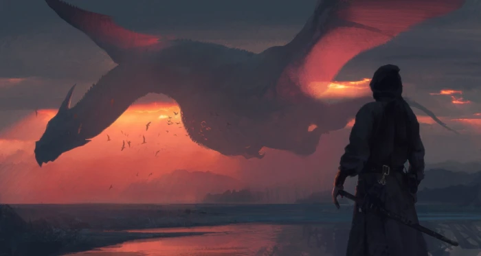 Ninja facing dragon in flight wallpaper fantasy art sunset 2k