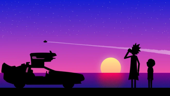 Rick and Morty by the sea wallpaper sunset Sanchez DeLorean 2k