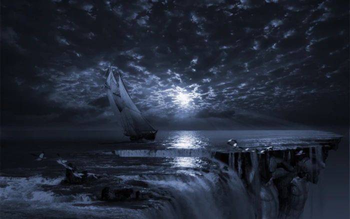 scenery of boat sailing abstract ship moon rays water