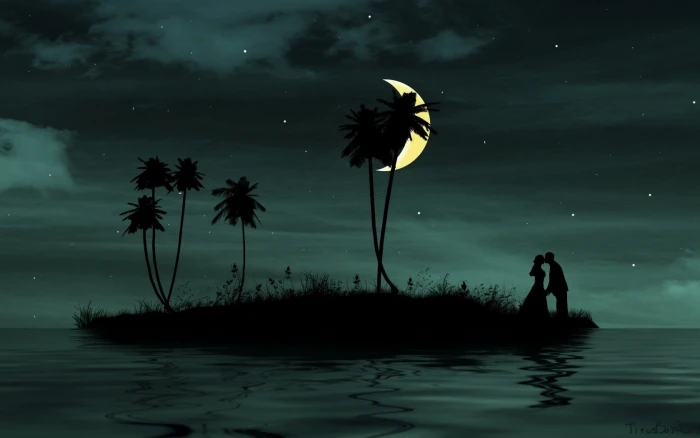 silhouette of man and woman couple love kiss island dark 2k