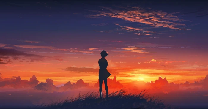 sunset illustration anime girls sky clouds original characters 2k