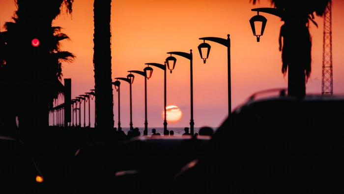 sunset beach palm trees car utility pole OutRun silhouette 2k