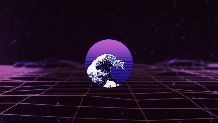 The Great Wave off Kanagawa waves Retrowave landscape vaporwave 2k