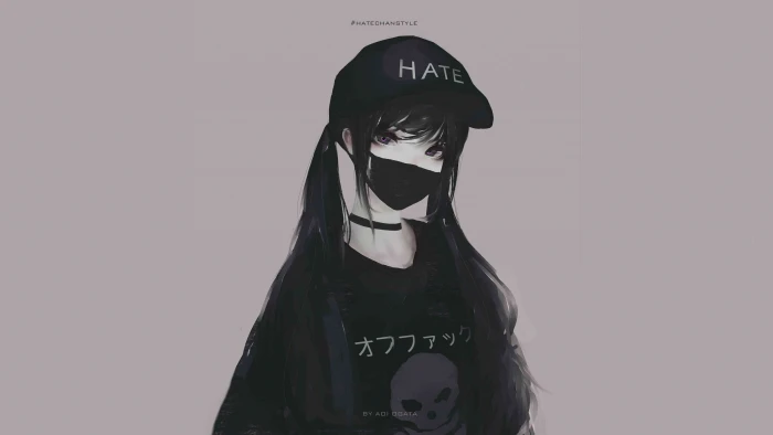 woman in black shirt illustration female anime character with mouth mask 2k