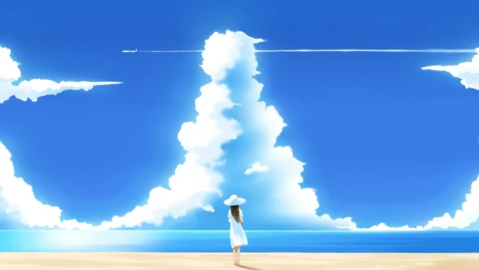 woman wearing sunhat anime character wallpaper fantasy art clouds 2k