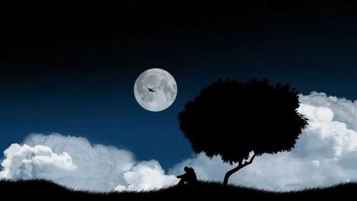alone sad lone tree full moon sky cloud silhouette lonely 2k