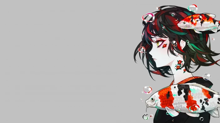 anime manga girls fish gray background simple 2k
