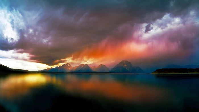 body of water lake mountains storm clouds nature landscape 2k