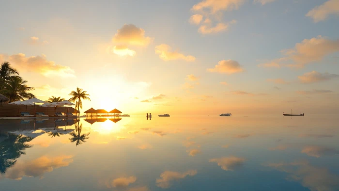 calm body of water beach sky sea clouds reflection sunset 2k
