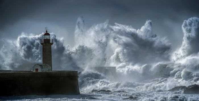crashing big waves in front of lighthouse illustration photography 2k