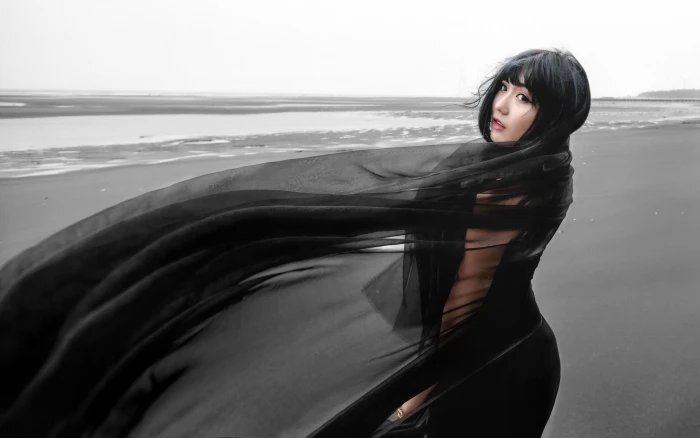 Asian women black dress beach water one person young adult 2k
