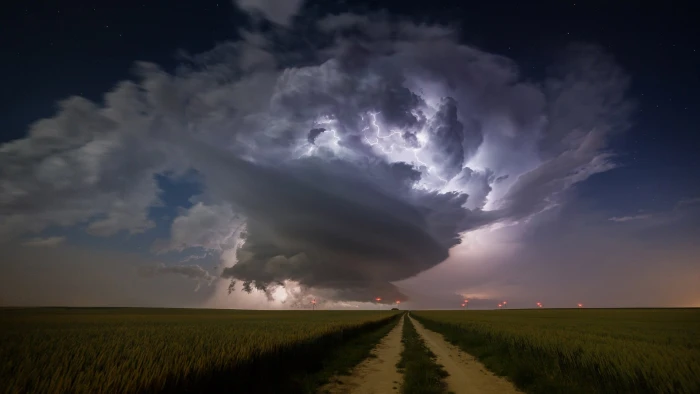 green grass field nature landscape clouds supercell 2k