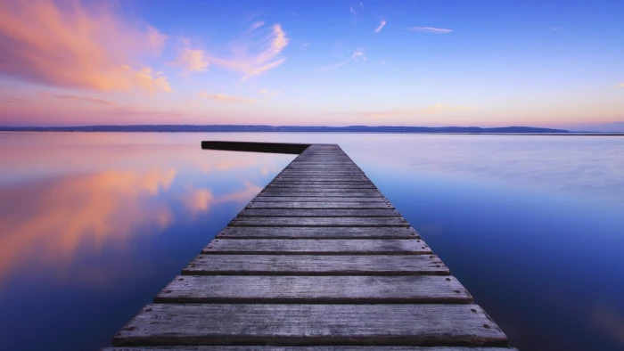 Lake calm pier clouds beautiful scenery 2k