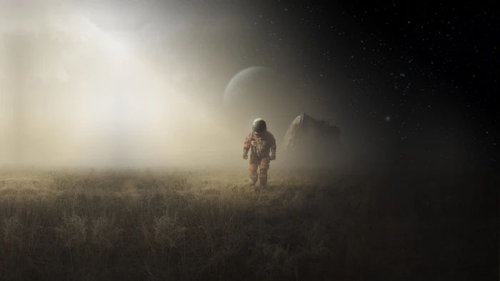 man wearing brown suit digital wallpaper science fiction astronaut 2k