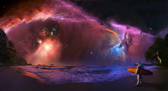 milk way galaxy atmosphere stars space sea astronaut surfing 2k