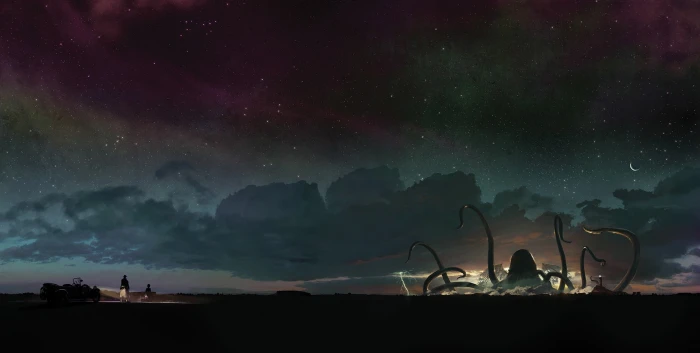 monster under gray clouds painting Cthulhu H P Lovecraft 2k