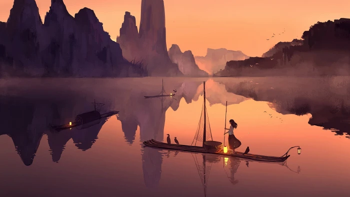 reflection anime art nature landscape boat drawing 2k