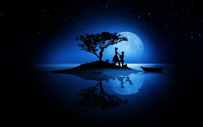 silhouette couple on island with tree artwork love night the moon 2k